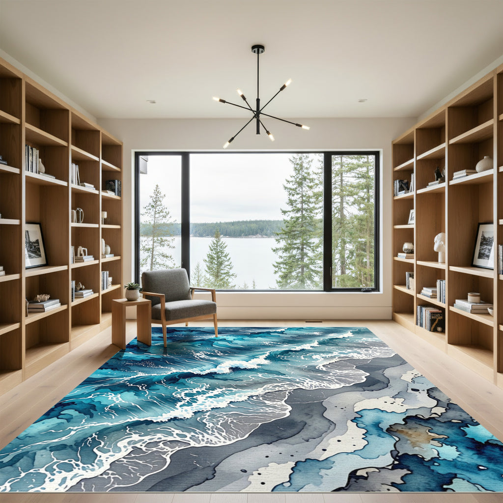 Abstract Blue Ocean Wave Coastal Landscape Rug