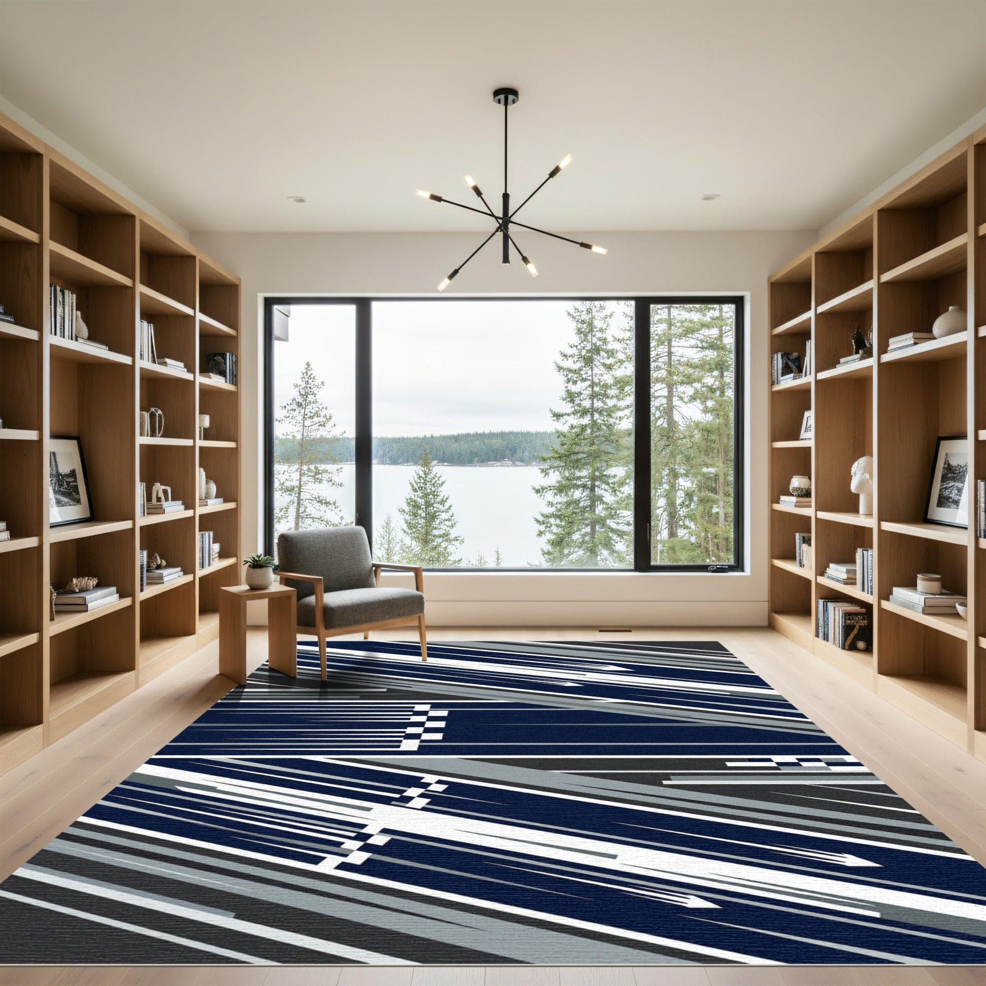 Modern Navy Blue Geometric Velocity Stripe Rug