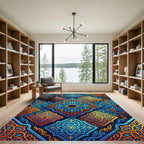 Intricate Blue Orange Geometric Medallion Rug