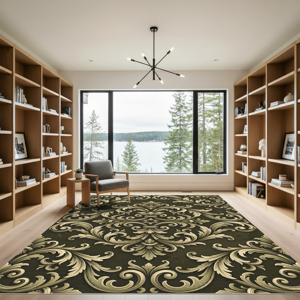Ornate Cream Damask Olive Scroll Rug