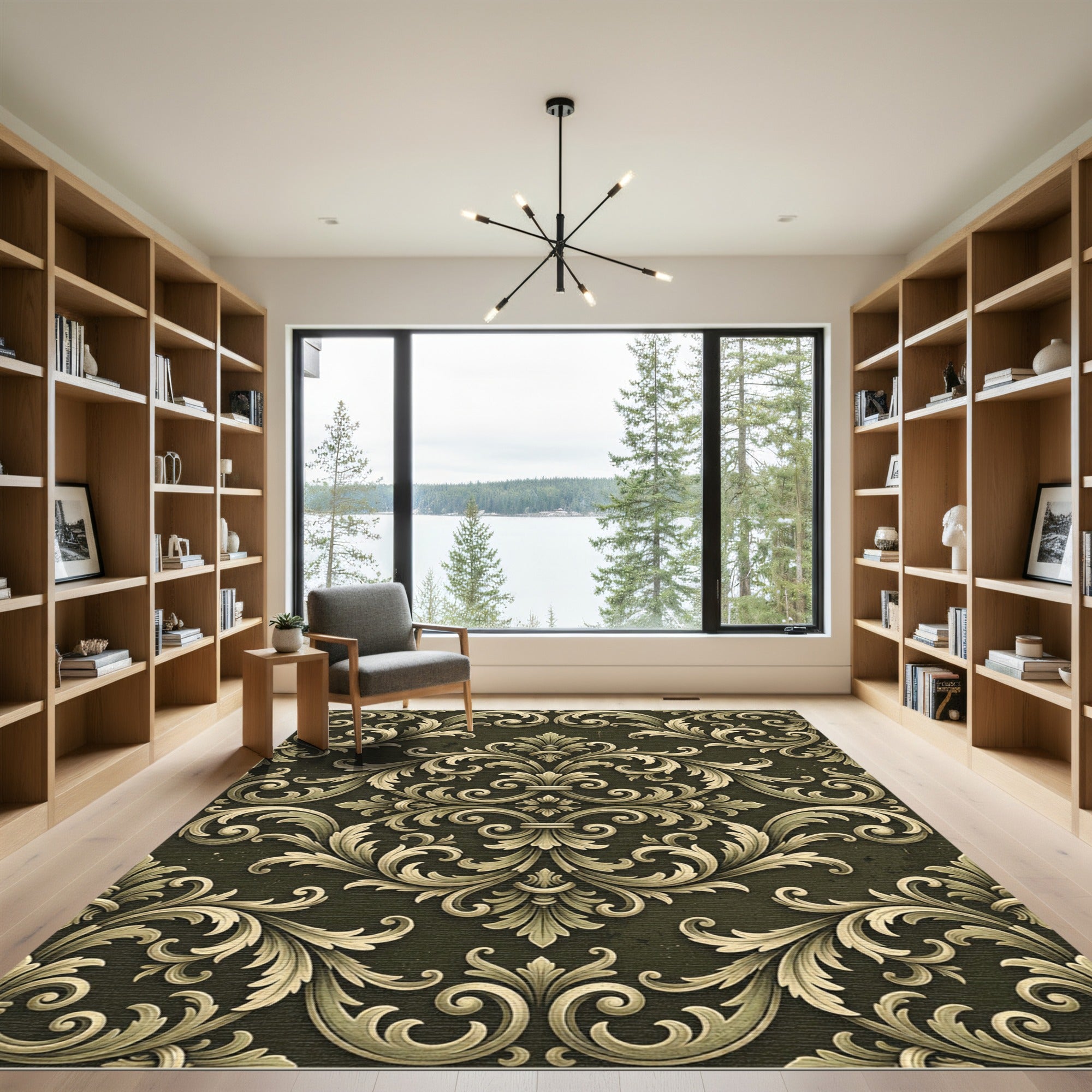 Ornate Cream Damask Olive Scroll Rug