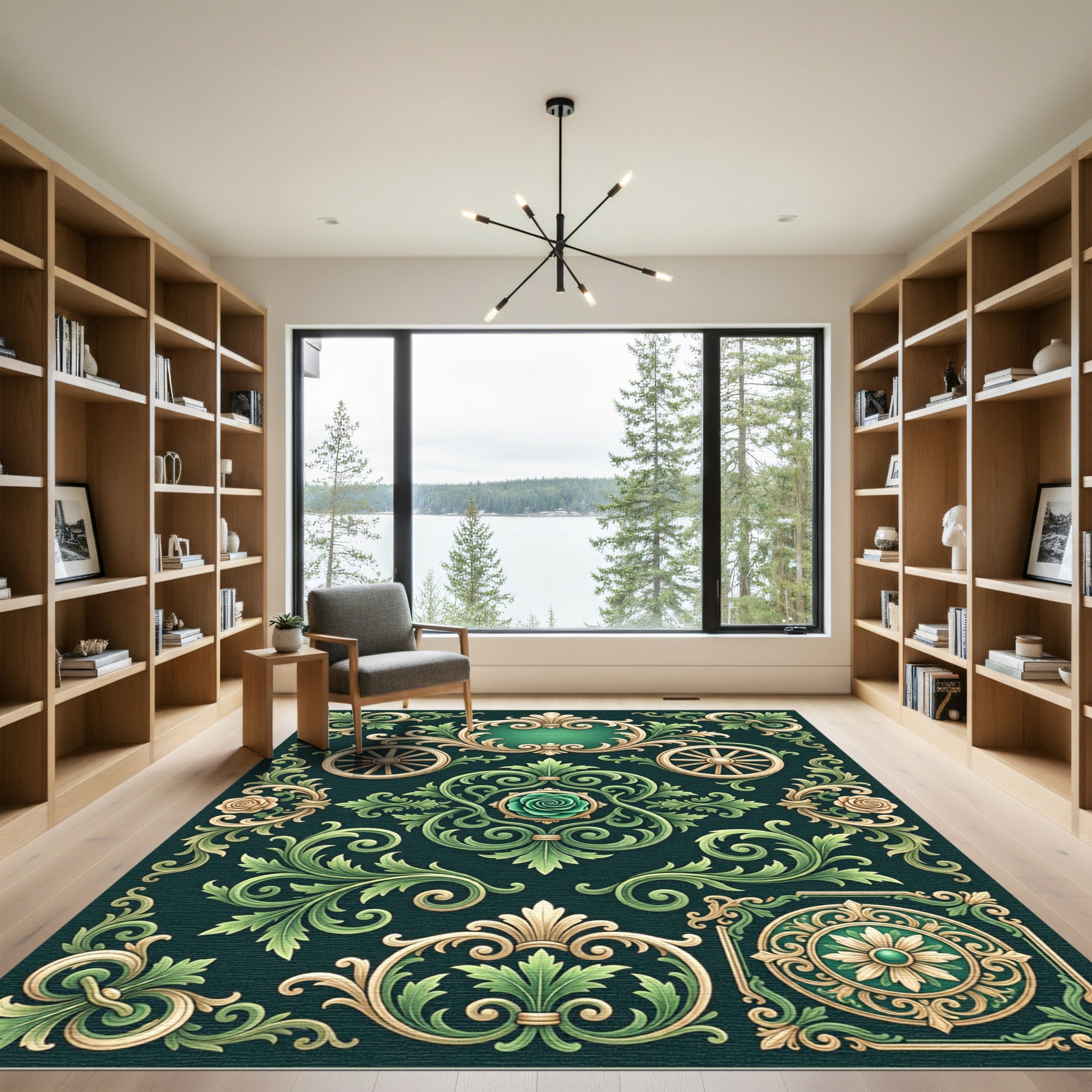 Ornate Green Floral Cartouche Rug