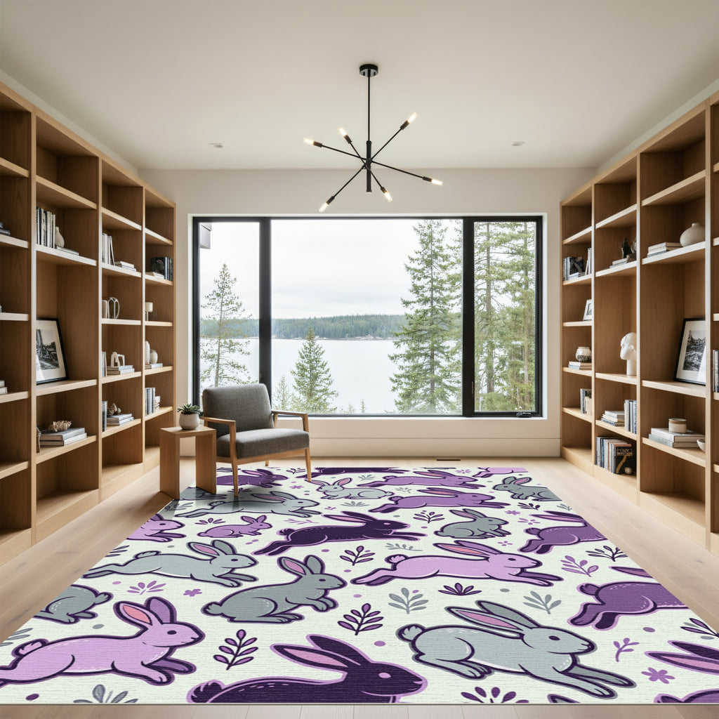 Playful Lavender and Gray Leaping Bunnies Rug