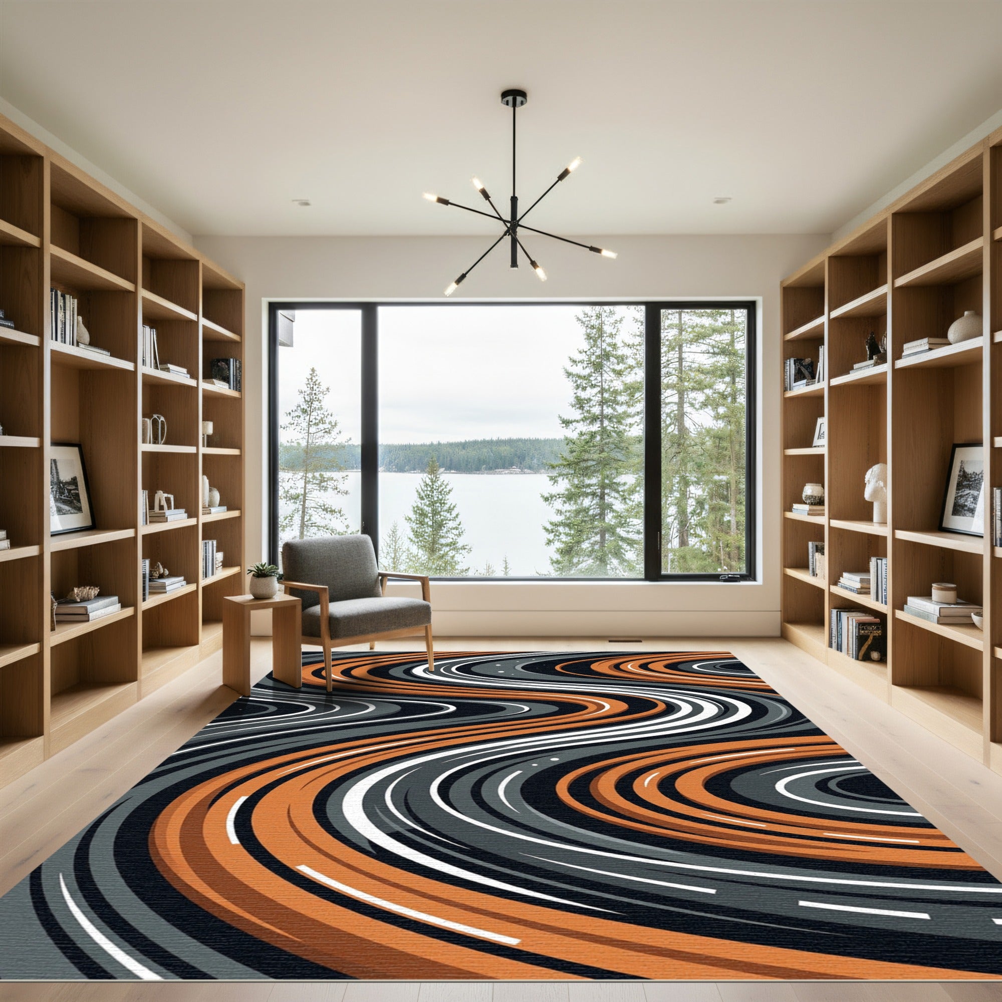 Abstract Copper and Charcoal Flowing Curve Rug