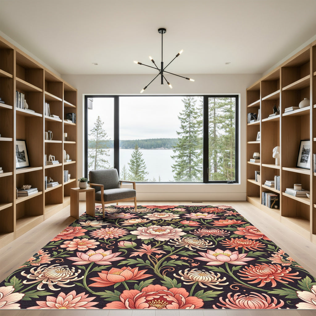 Coral Peach Blooming Peony Chrysanthemum Rug