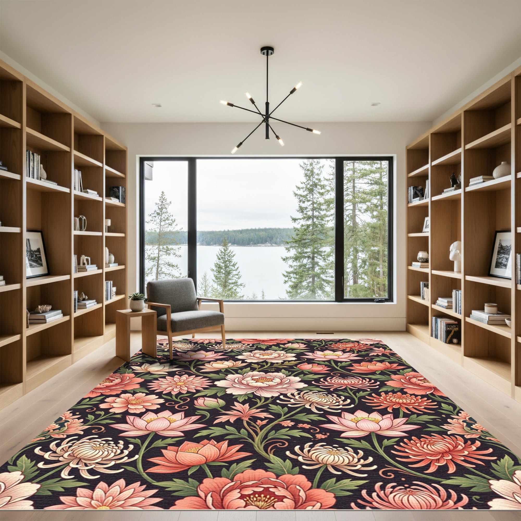 Coral Peach Blooming Peony Chrysanthemum Rug