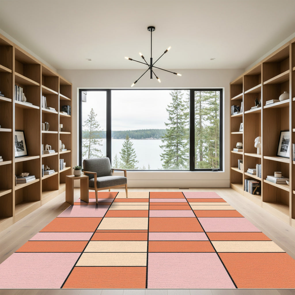 Peach Coral Pink Geometric Blocks Rug