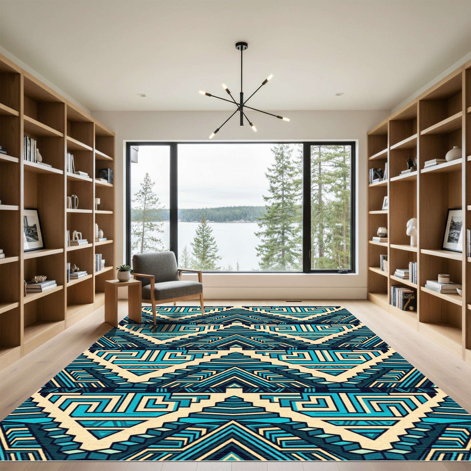 Geometric Step Pyramid Teal Aztec Art Rug