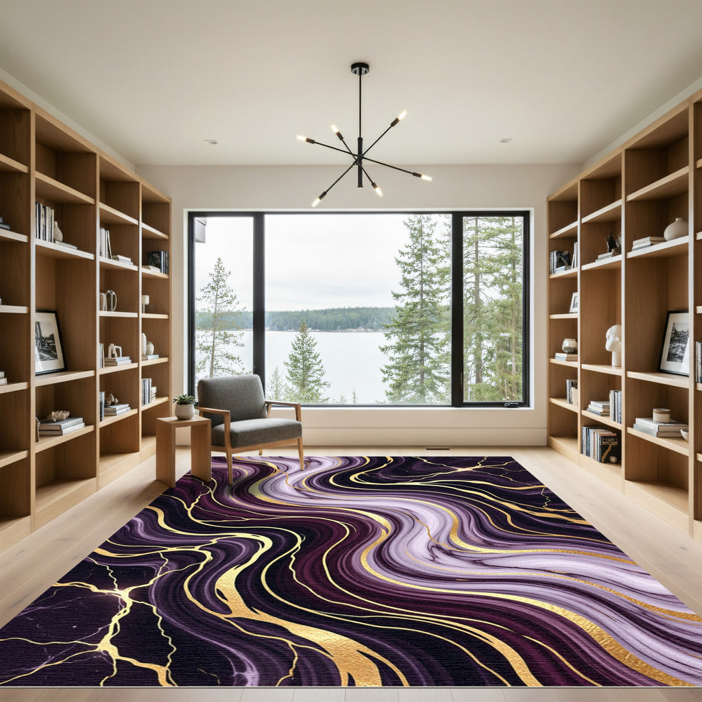 Elegant Purple Golden Marble Swirl Rug