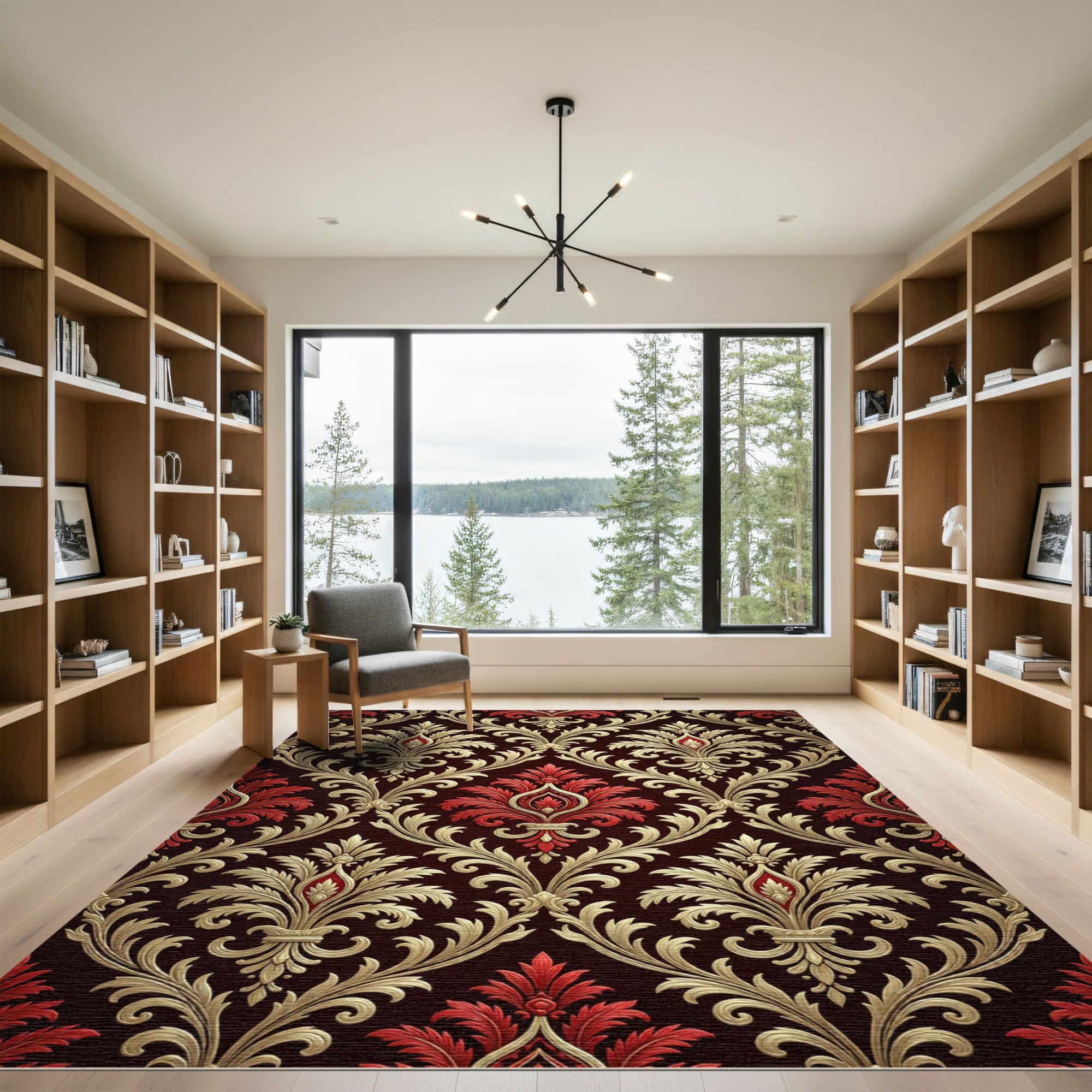 Elegant Gold and Crimson Damask Rug