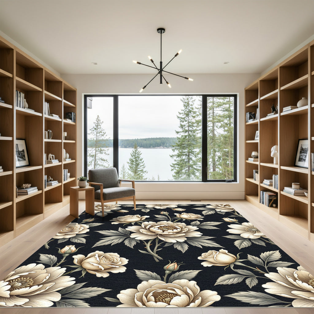 Elegant Cream Peonies on Black Canvas Rug