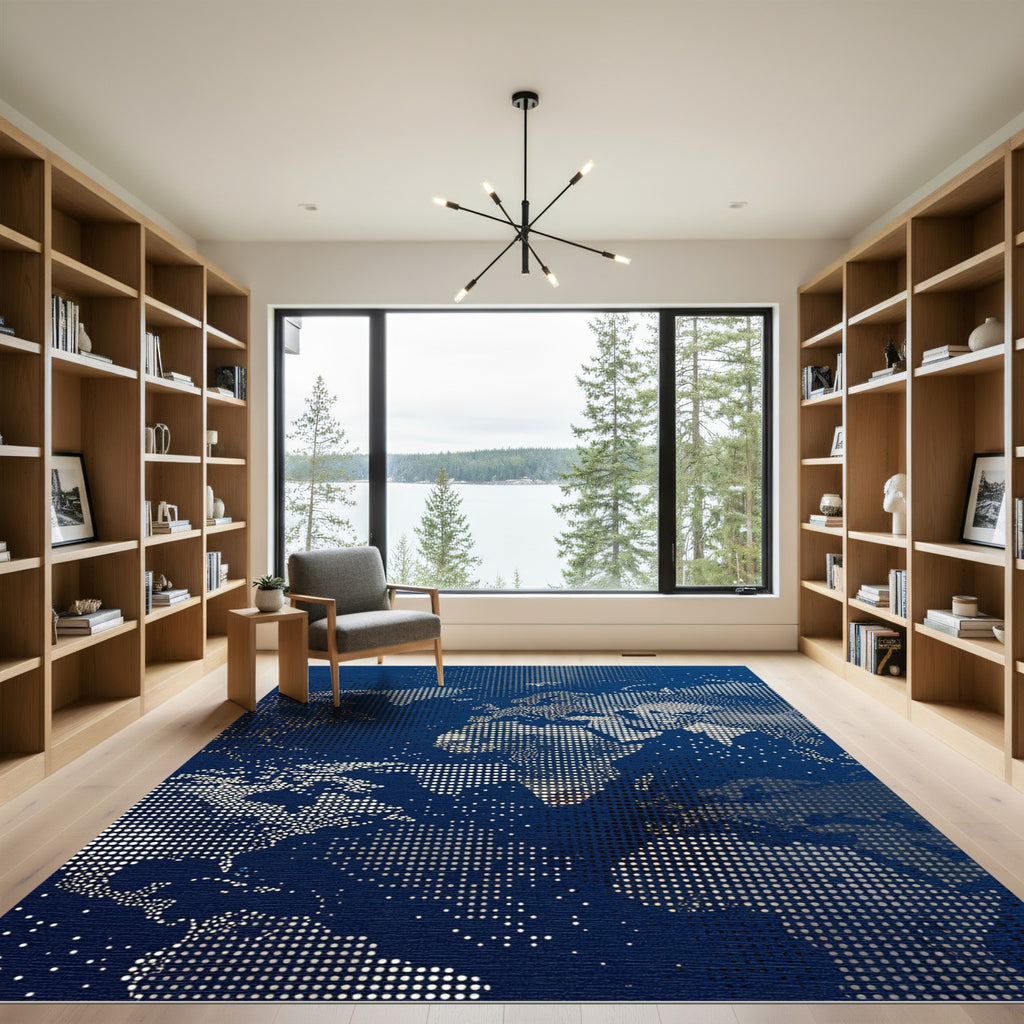 Dotted World Map Navy Blue Tapestry Rug