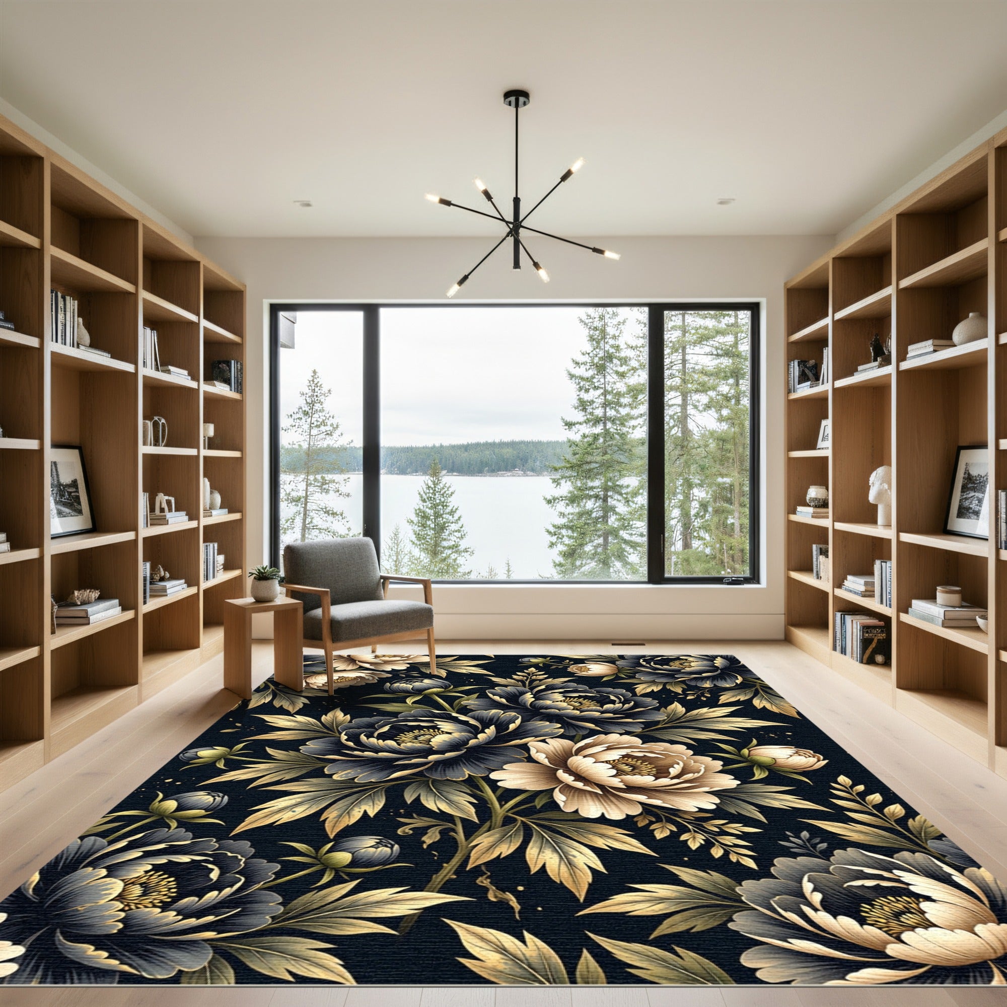 Dark Floral Peony Gold Leaf Rug
