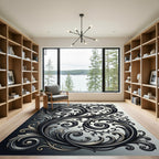 Ornate Black Silver Swirl Flourish Rug