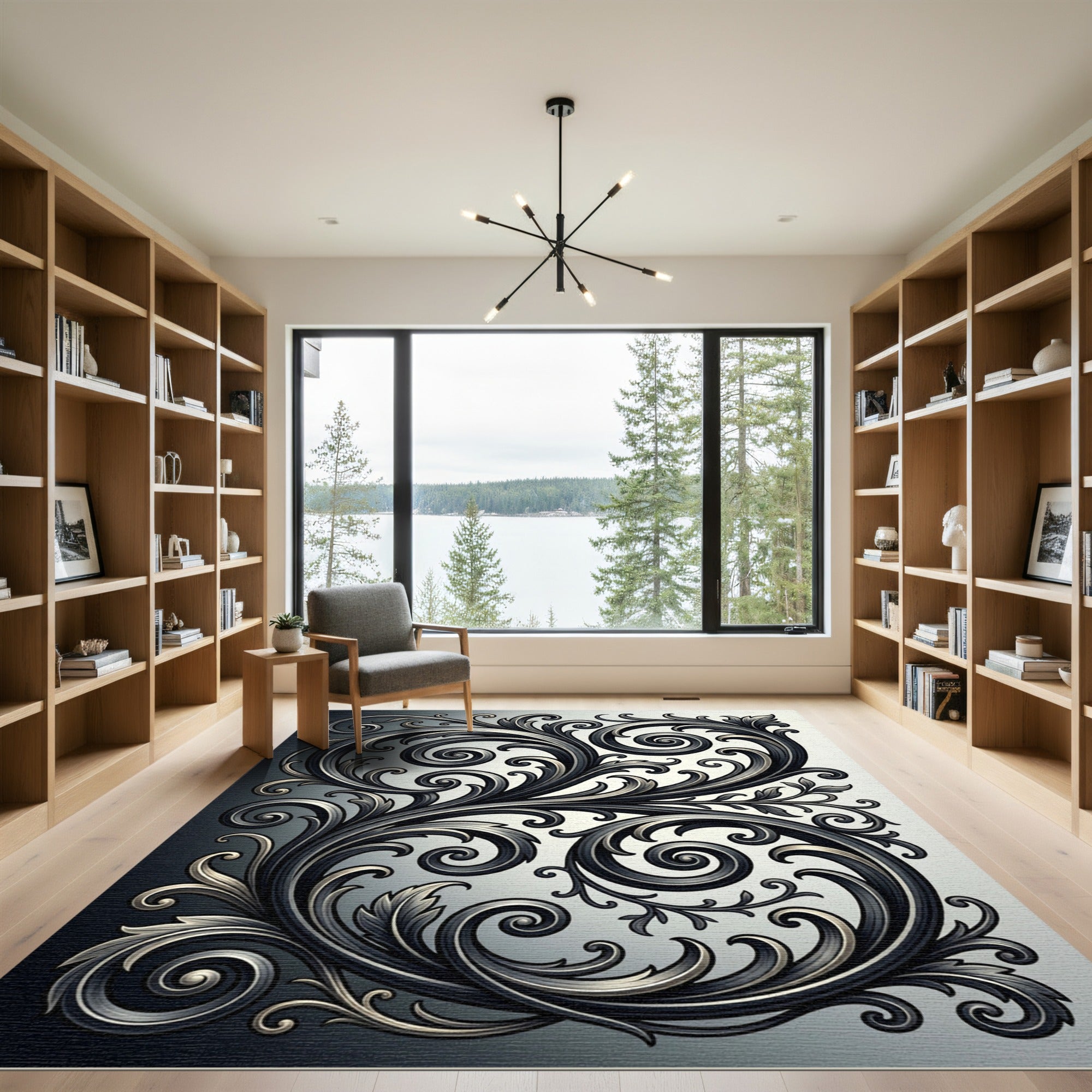 Ornate Black Silver Swirl Flourish Rug
