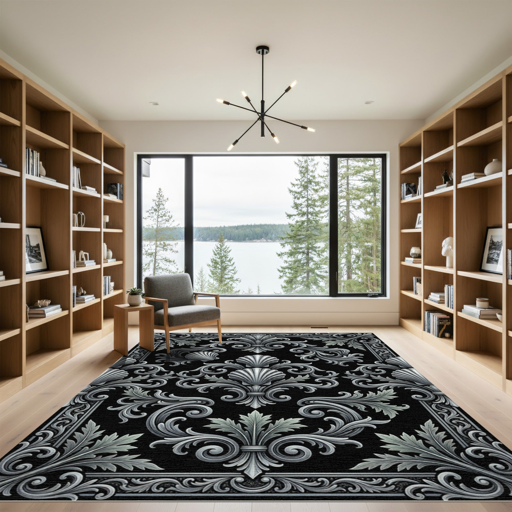 Ornate Gray Shell Leaf Scrollwork Rug
