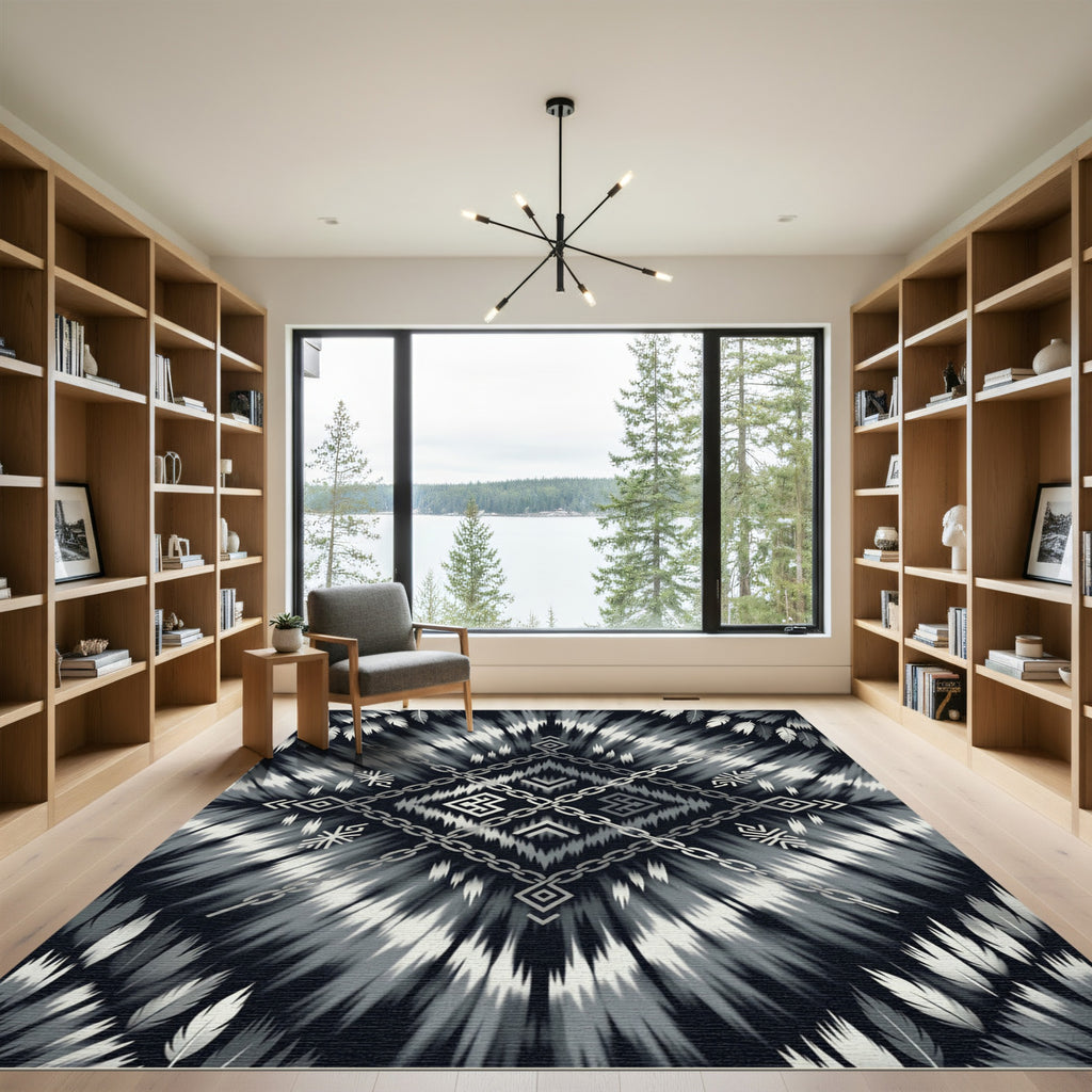 Black White Feathered Chain Medallion Rug