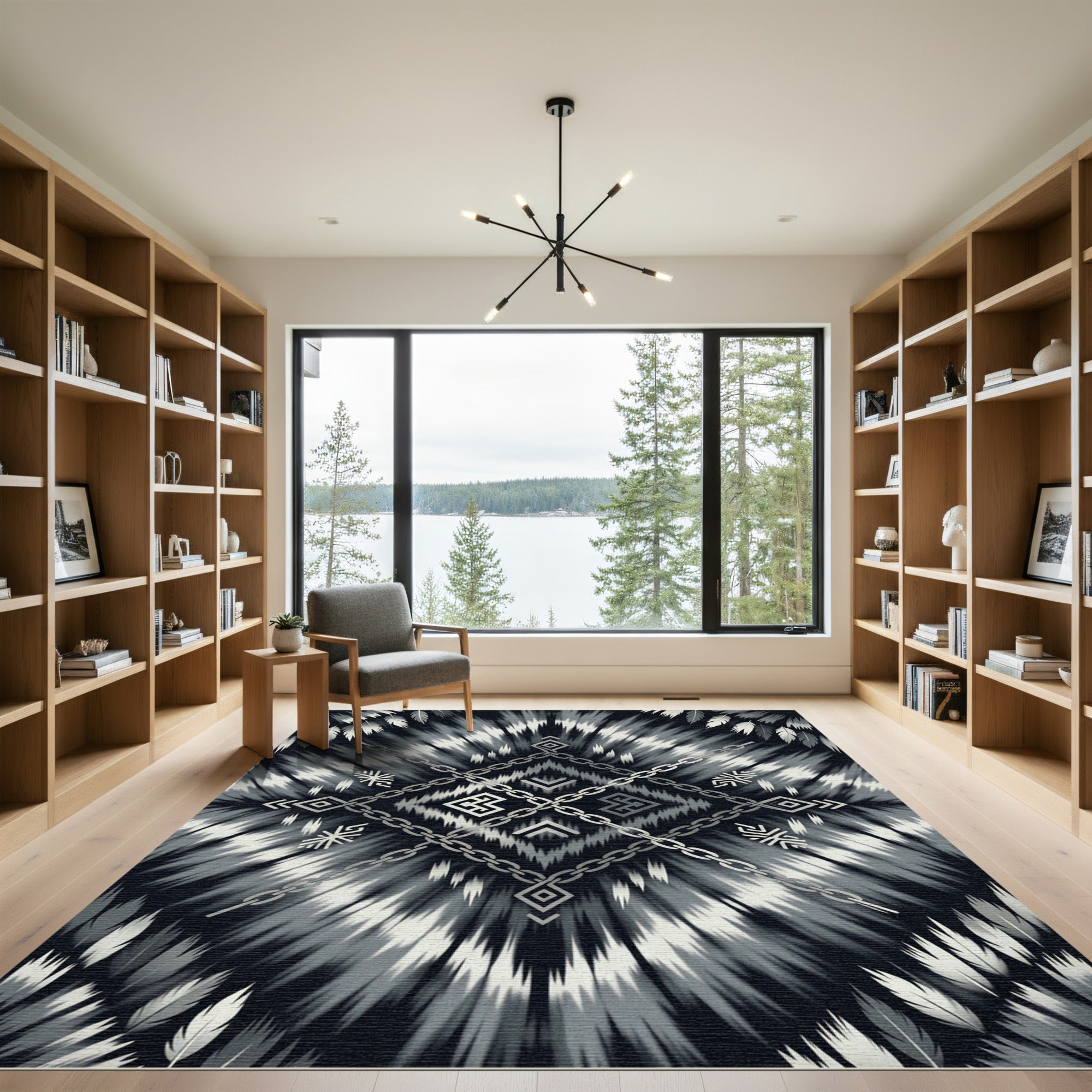Black White Feathered Chain Medallion Rug