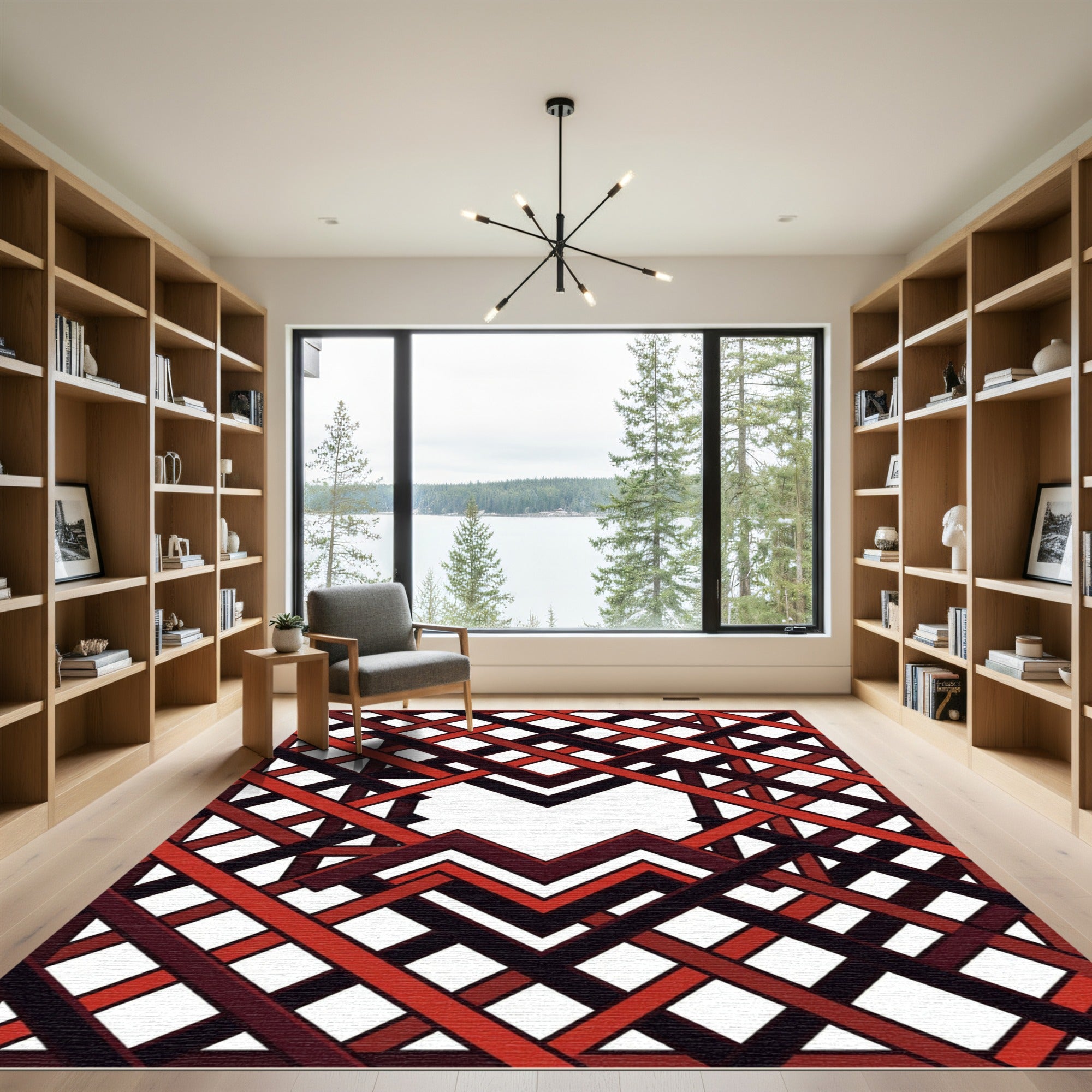 Geometric Crimson and Black Interlocking Lattice Rug