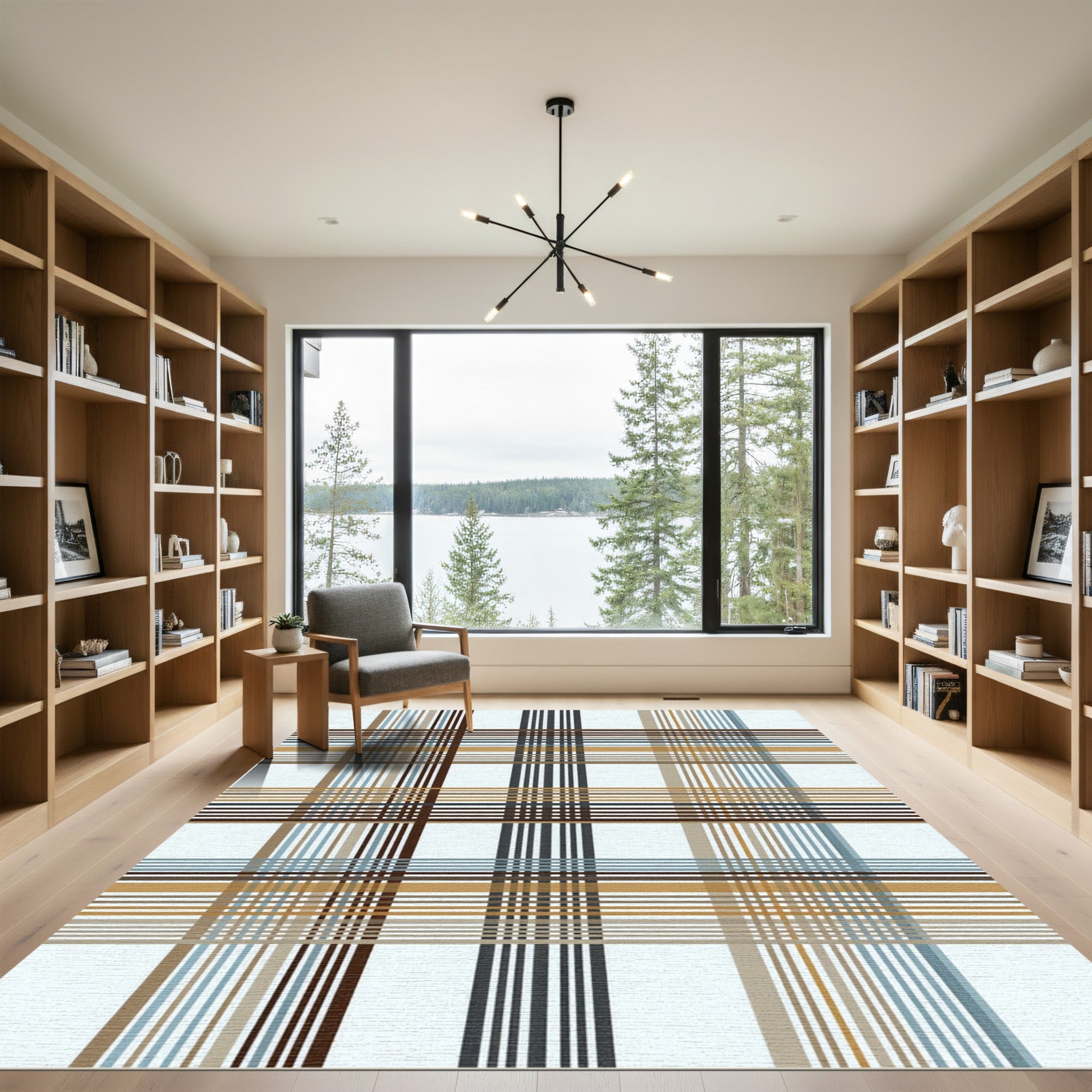 Brown Tan Blue Gridded Plaid Rug