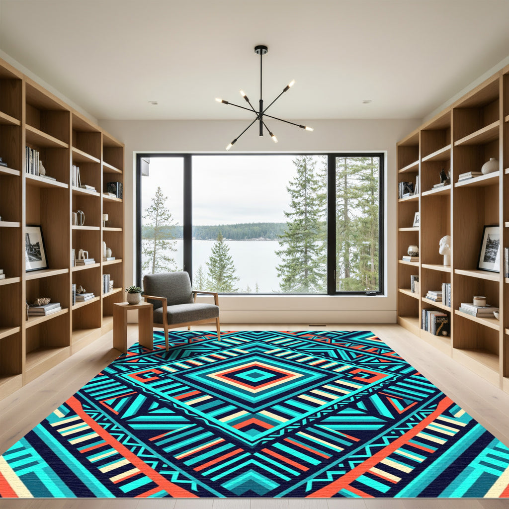 Vibrant Teal and Orange Geometric Diamond Rug