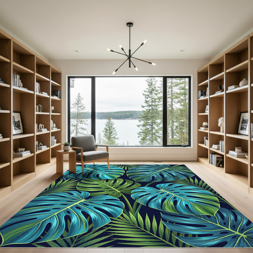 Lush Teal Green Tropical Monstera Foliage Rug