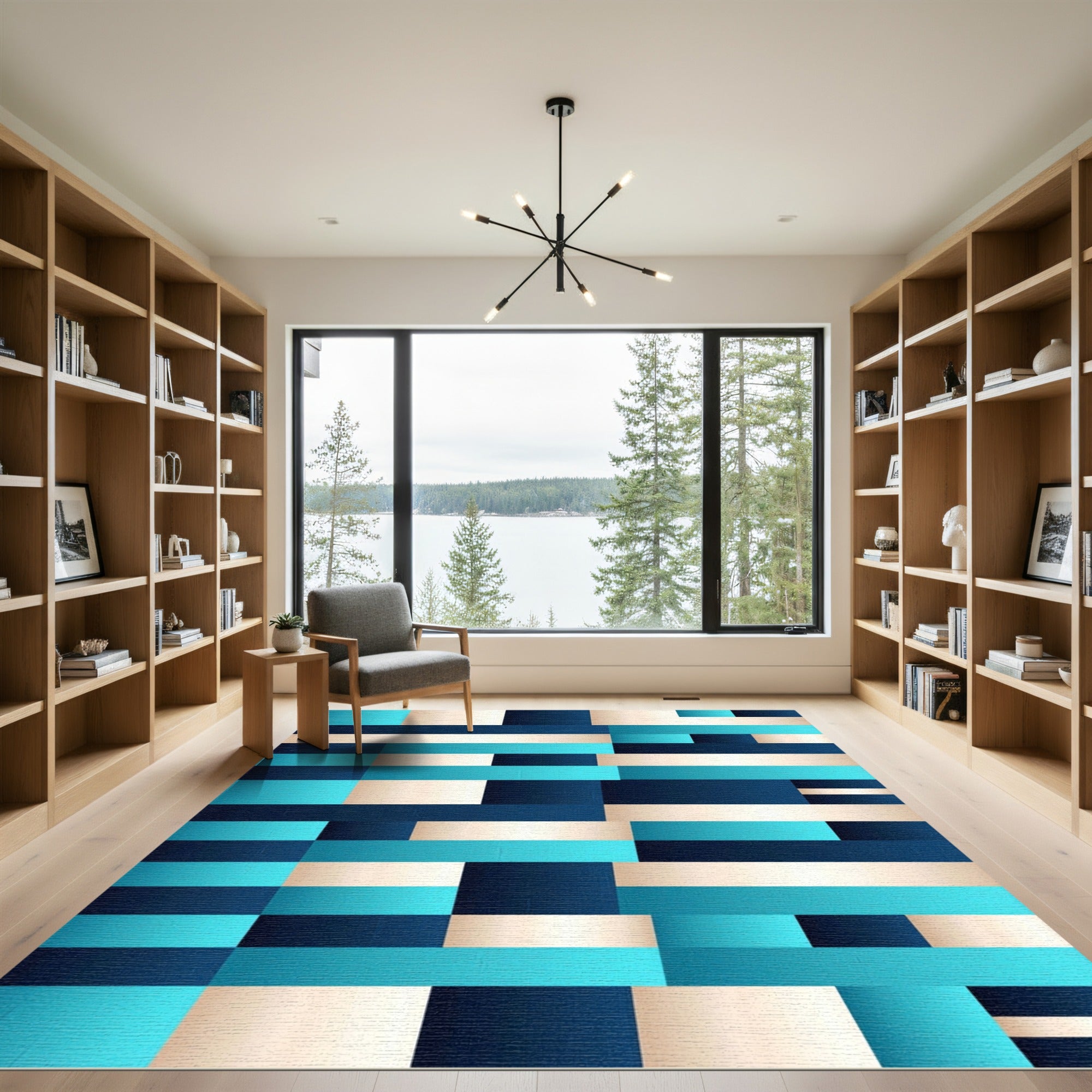 Modern Geometric Teal and Navy Stripe Rug