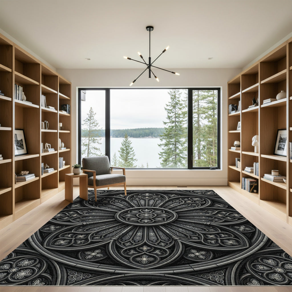 Gothic Charcoal Architectural Rose Medallion Rug