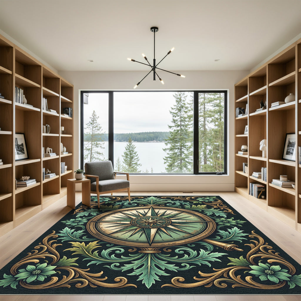 Ornate Gold Compass Sage Foliage Rug