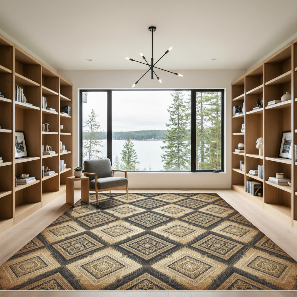 Intricate Gold and Charcoal Geometric Damask Rug