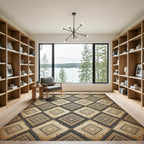 Intricate Gold and Charcoal Geometric Damask Rug