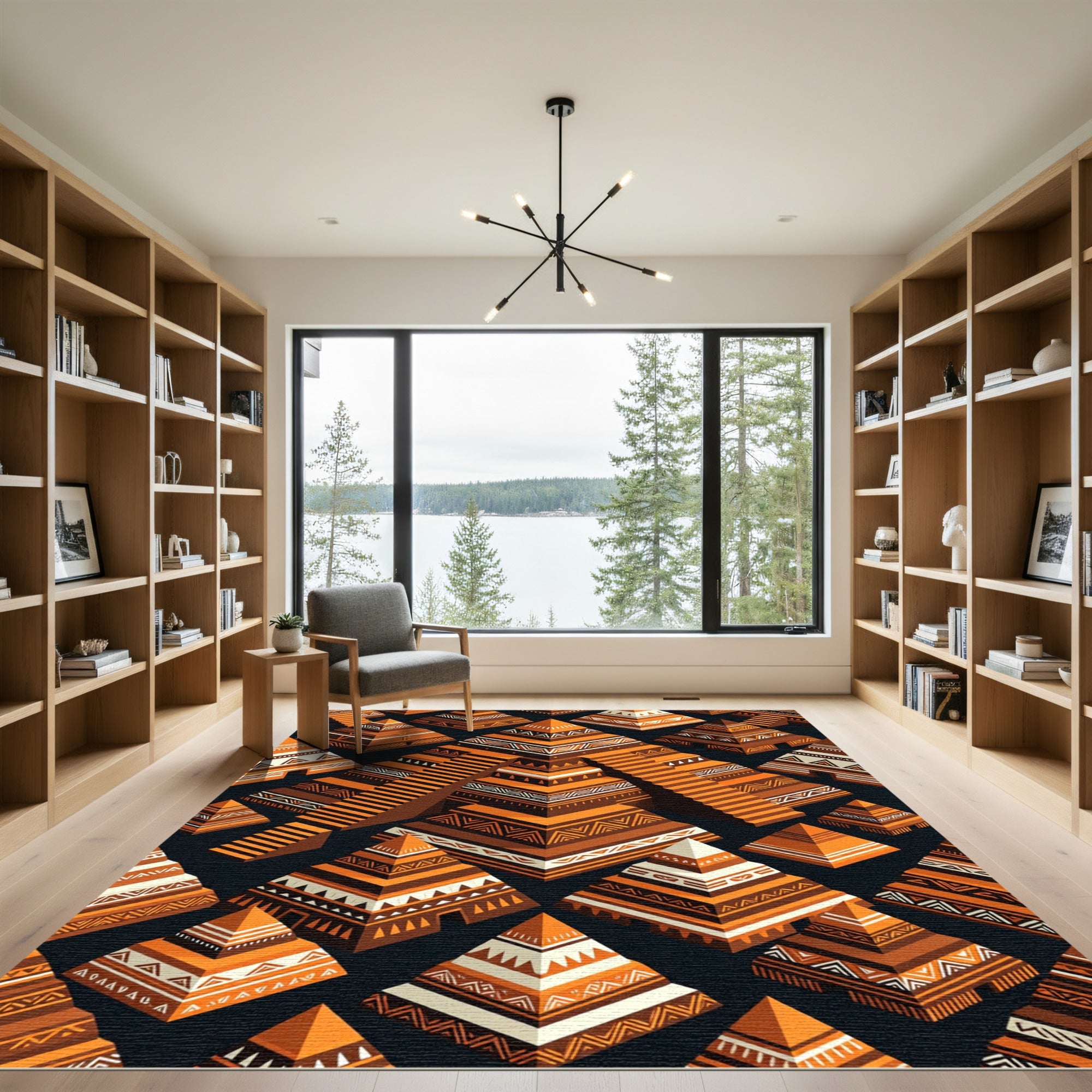 Tribal Orange Pyramid Geometric Composition Rug