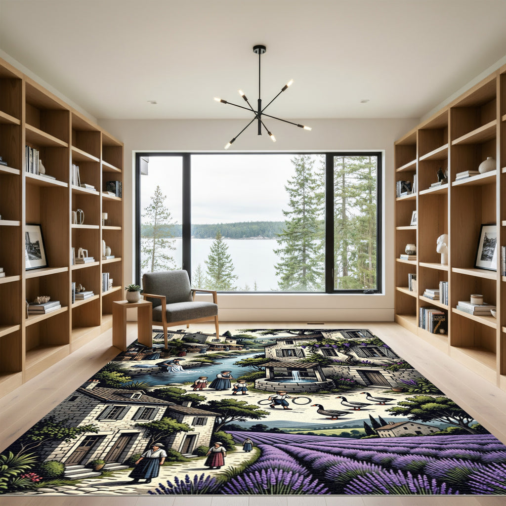 French Village Lavender Field Scene Rug