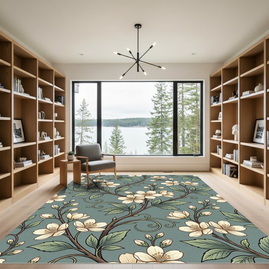 Elegant Sage Green Cherry Blossom Branch Rug