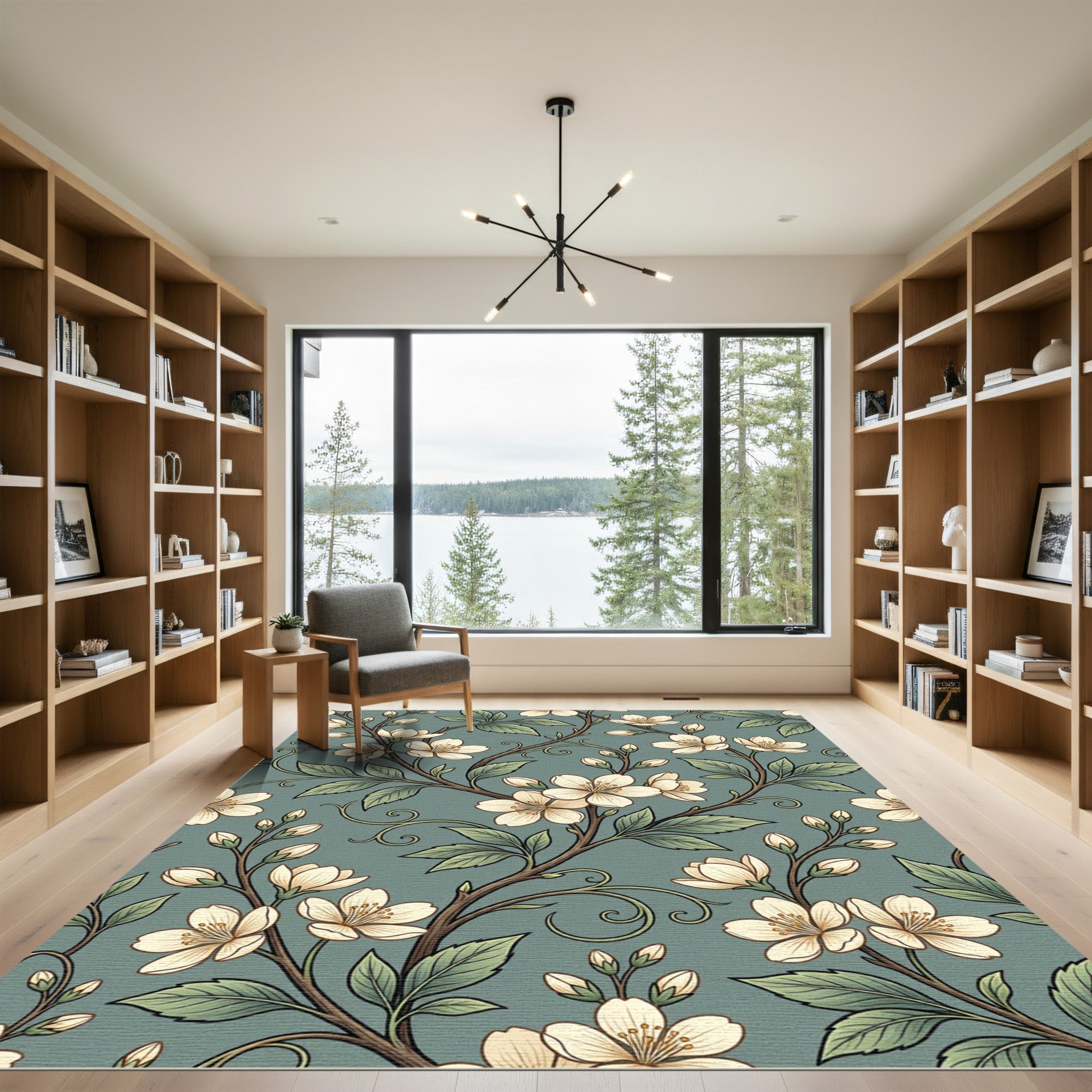 Elegant Sage Green Cherry Blossom Branch Rug