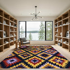 Vibrant Yellow Red Ikat Diamond Medallion Rug