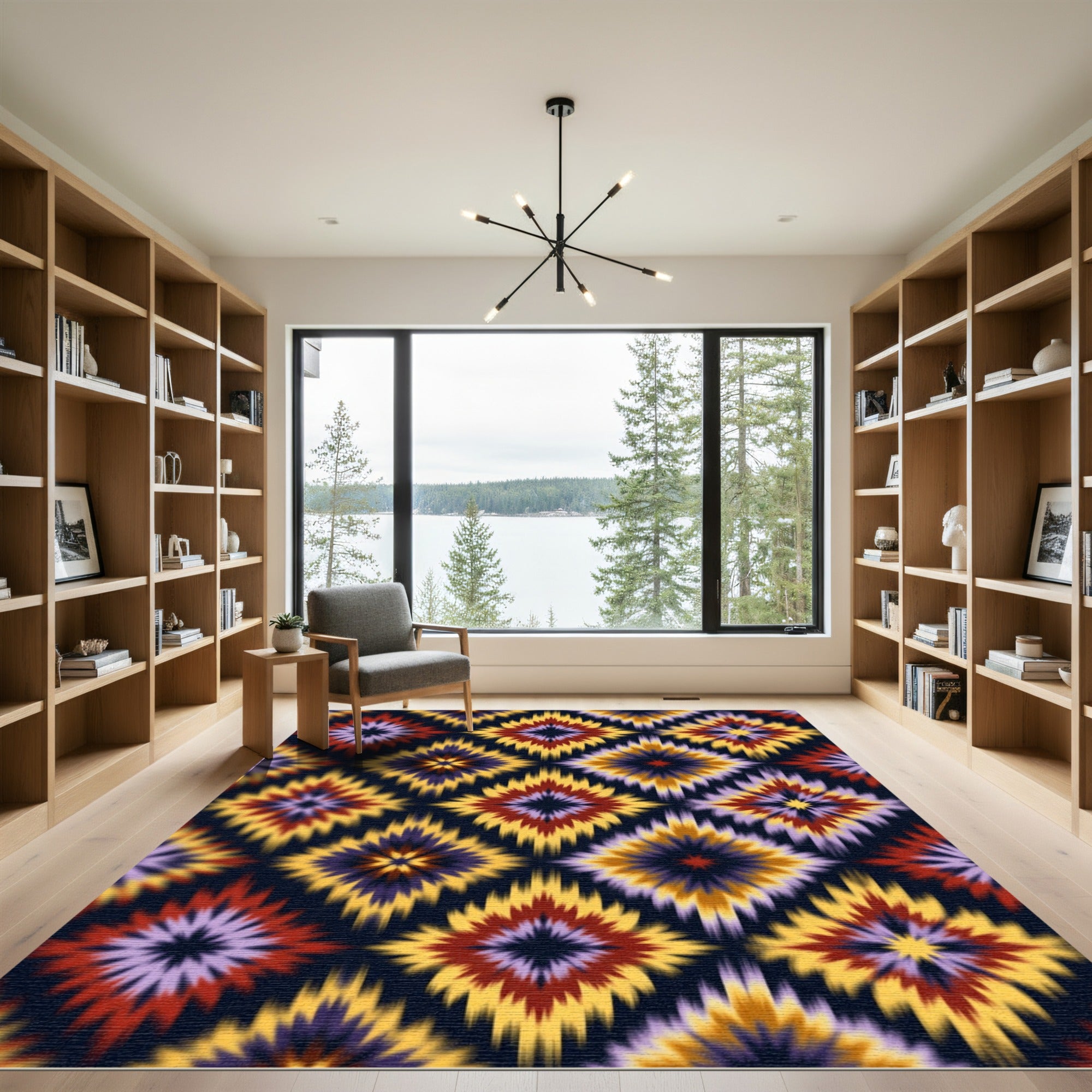 Vibrant Yellow Red Ikat Diamond Medallion Rug