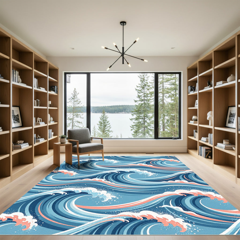 Japanese Blue Wave Sea Swirl Rug