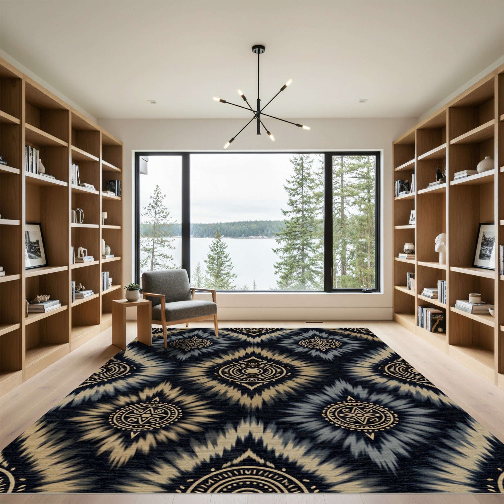 Golden Tan Grey Sunburst Medallion Rug