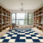 Modern Navy and Cream Checkerboard Grid Rug