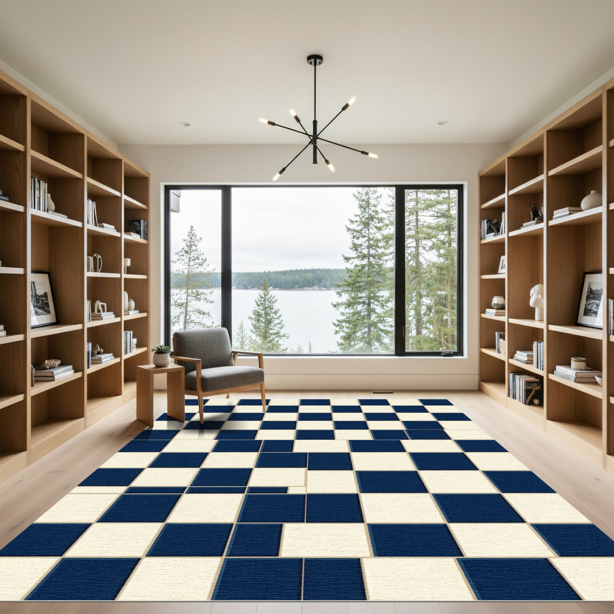 Modern Navy and Cream Checkerboard Grid Rug