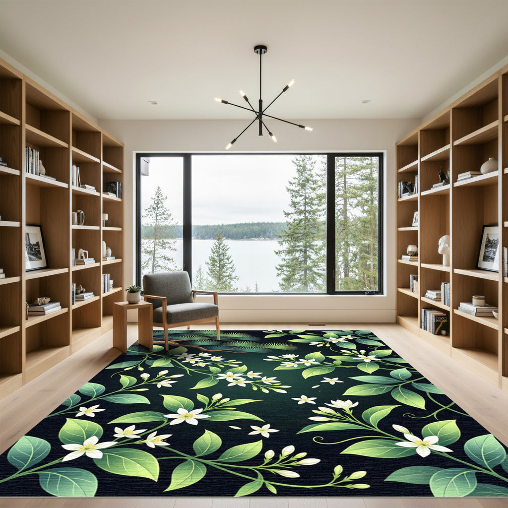 Emerald Green Floral Branch Accents Rug