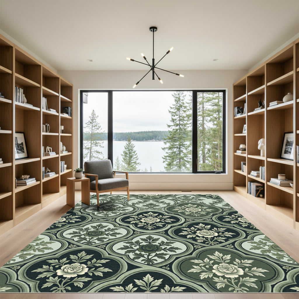 Vintage Green Floral Quatrefoil Rug