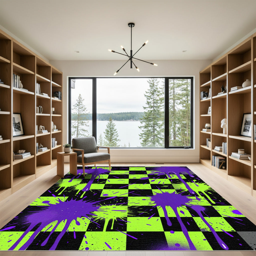 Electric Neon Splatter Checkerboard Art Rug