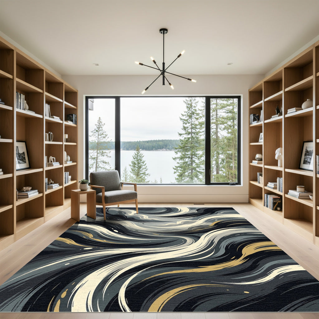 Swirling Abstract Gold and Gray Waves Rug