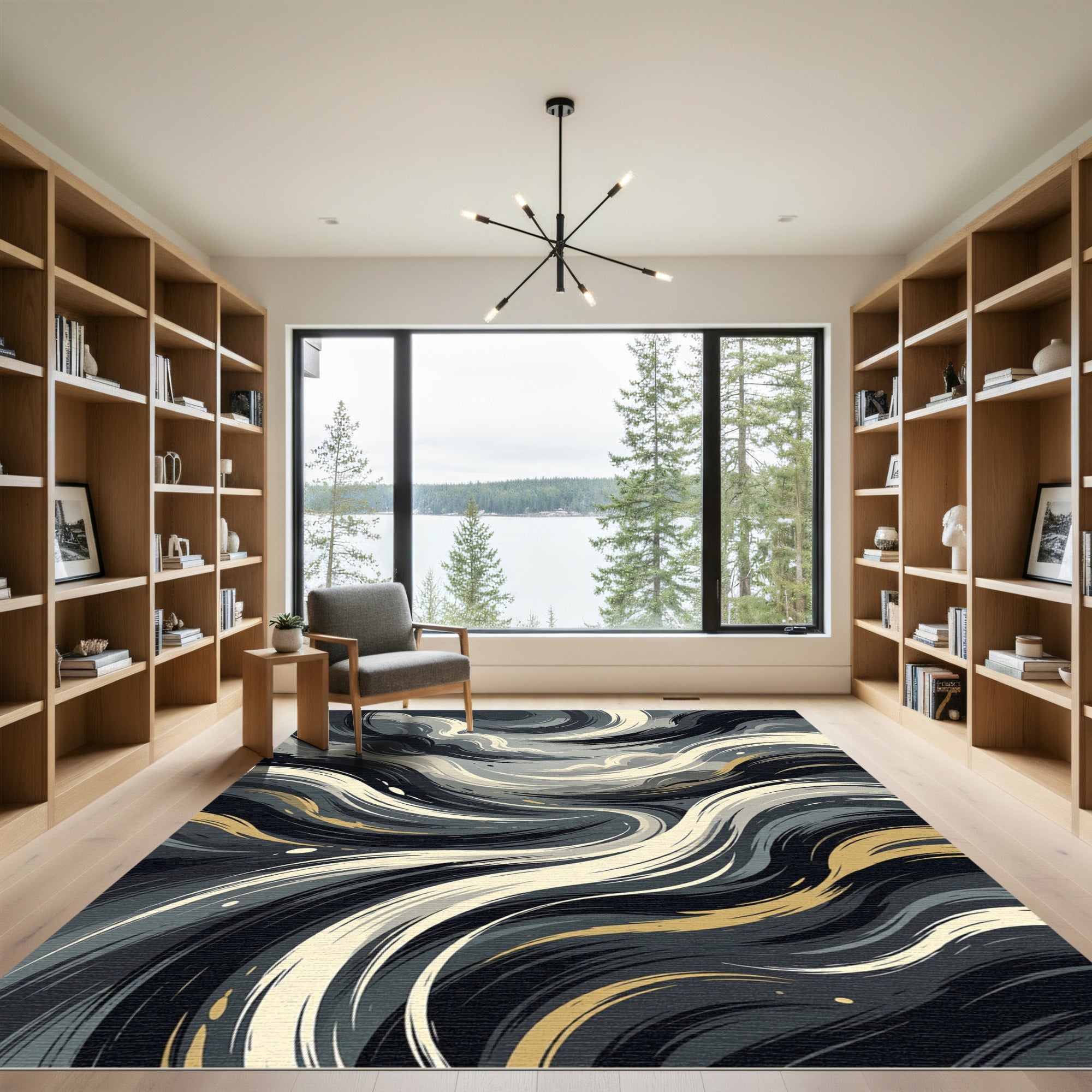Swirling Abstract Gold and Gray Waves Rug