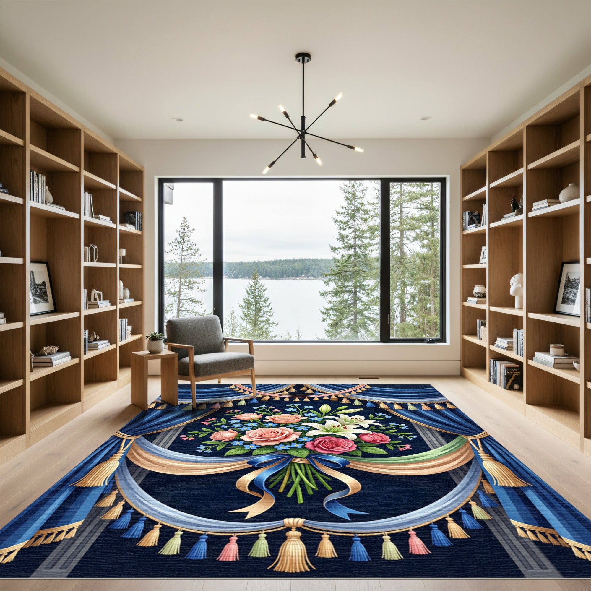 Elegant Navy Floral Bouquet Drapery Border Rug