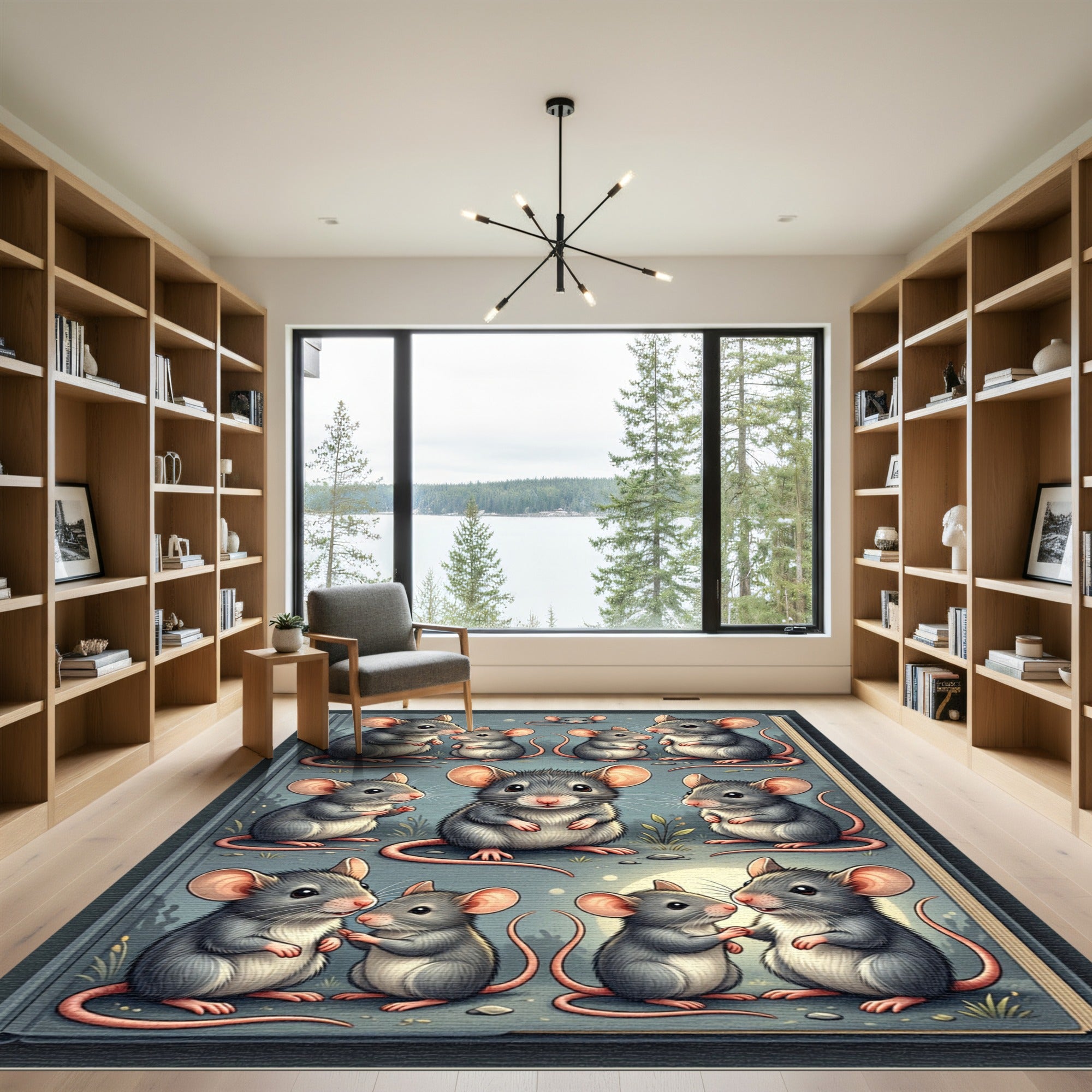 Whimsical Gray Mouse Illustration Rug