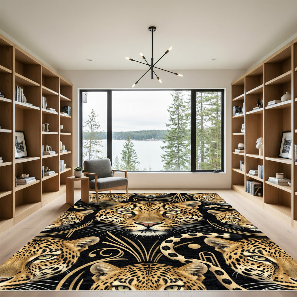 Black Gold Leopard Faces Art Deco Rug