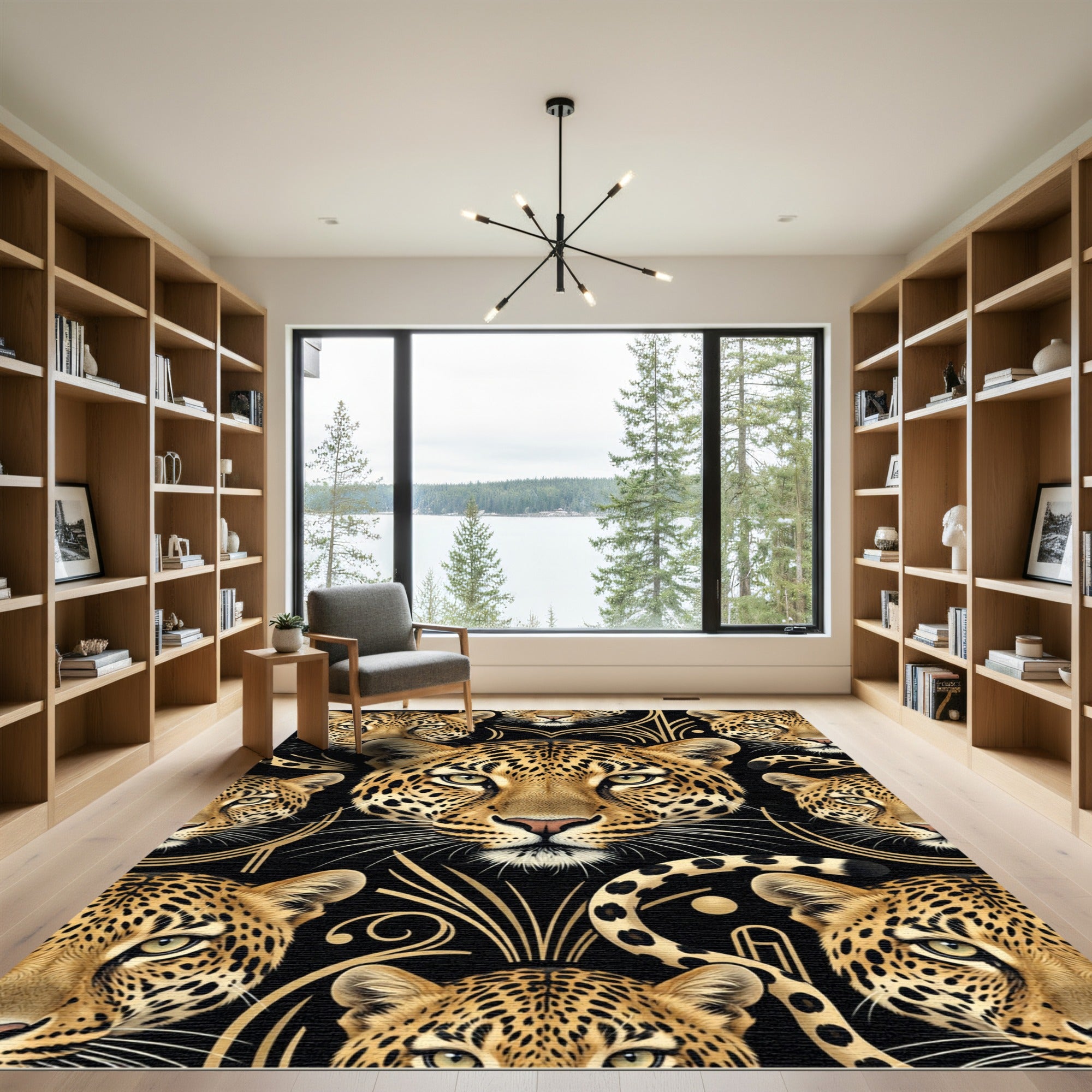 Black Gold Leopard Faces Art Deco Rug